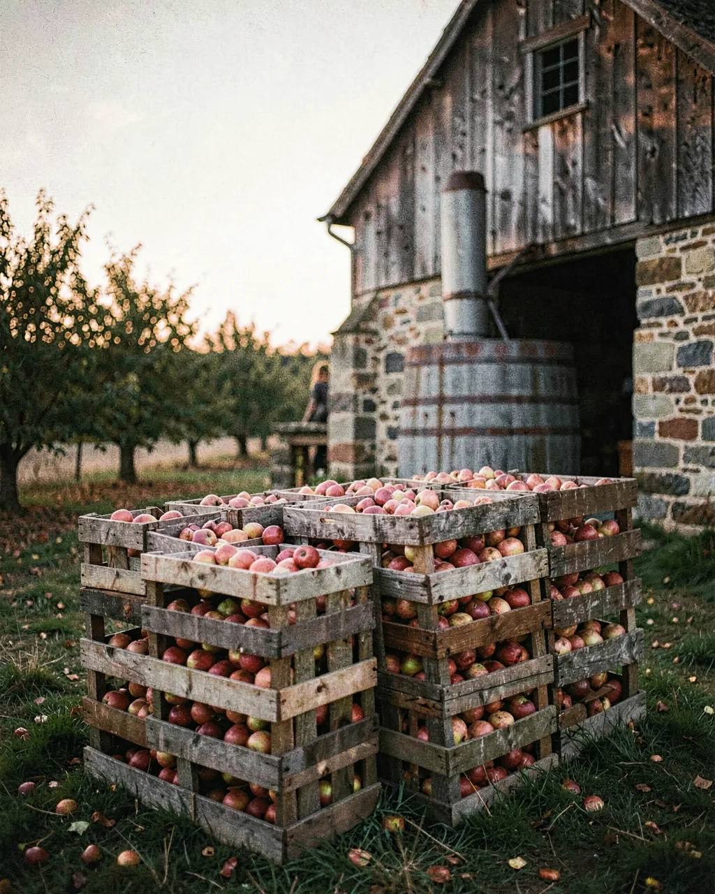Crates of windfall apples stacked beside the old pressing barn at dusk