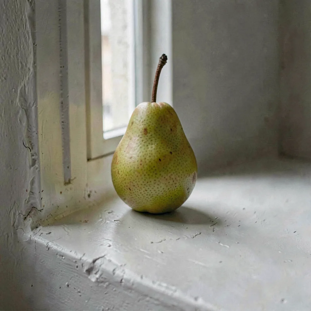 A single pear on a bare plaster windowsill