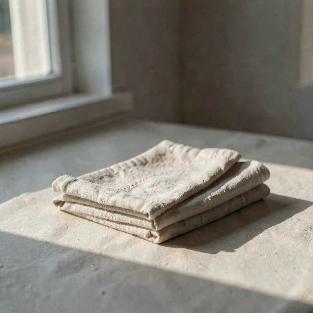 Linen napkins folded in raking afternoon light
