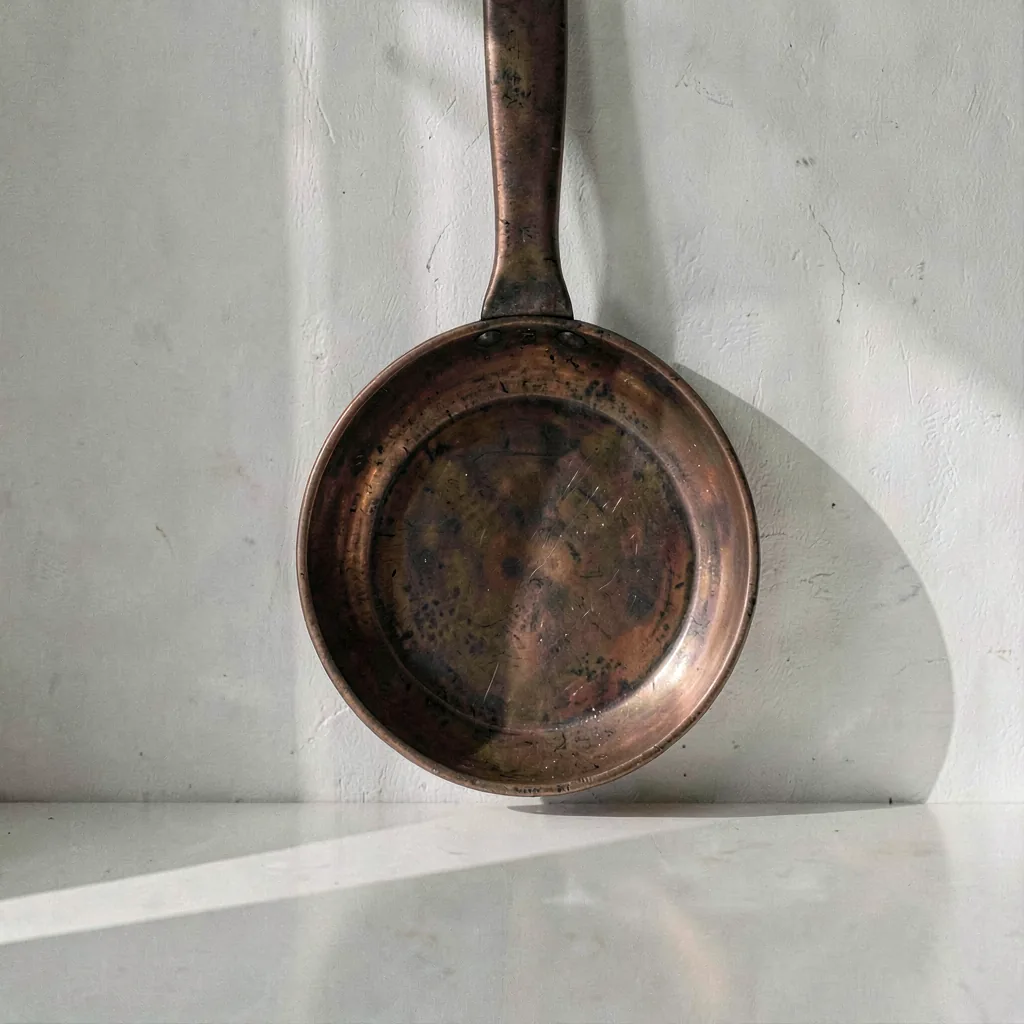 A copper pan hung against a chalk-white wall
