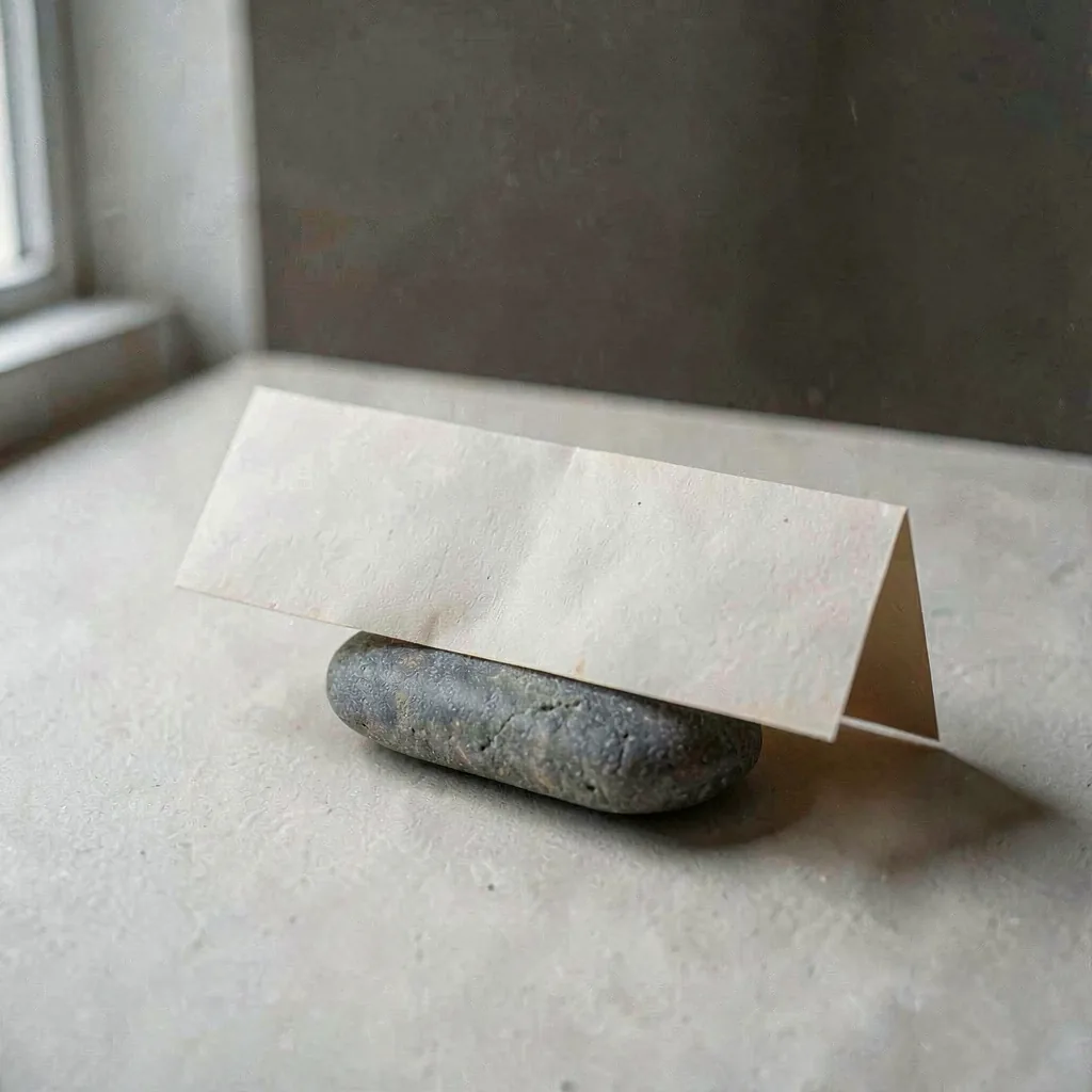 Folded paper held flat by a smooth grey stone