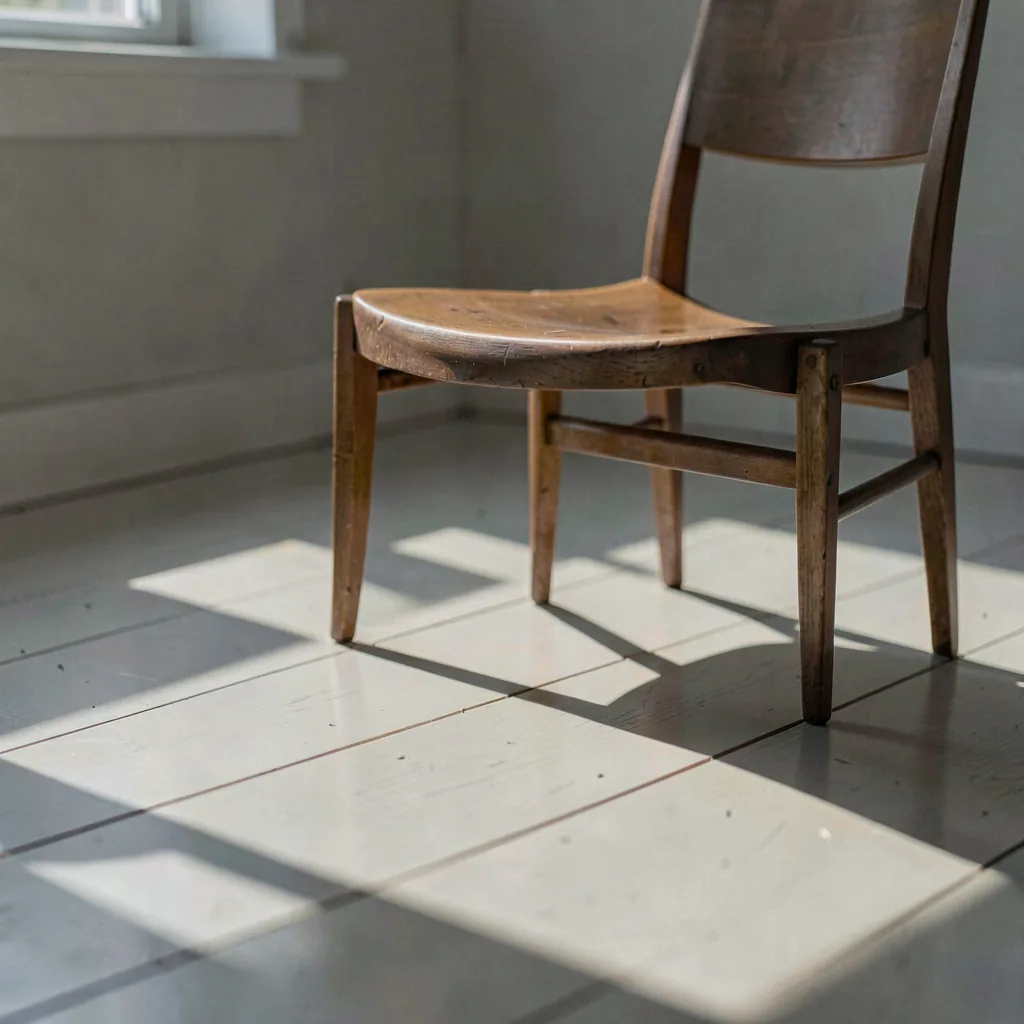Morning shadow of a chair across a floorboard
