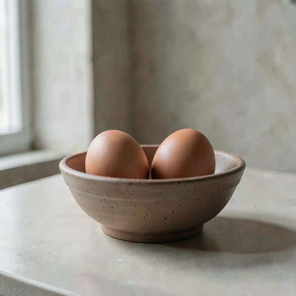 Two eggs in a shallow earthenware bowl
