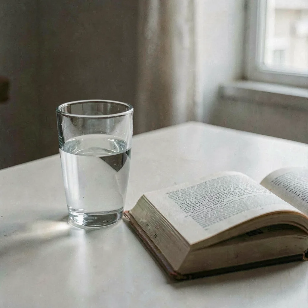 A glass of water beside an open book