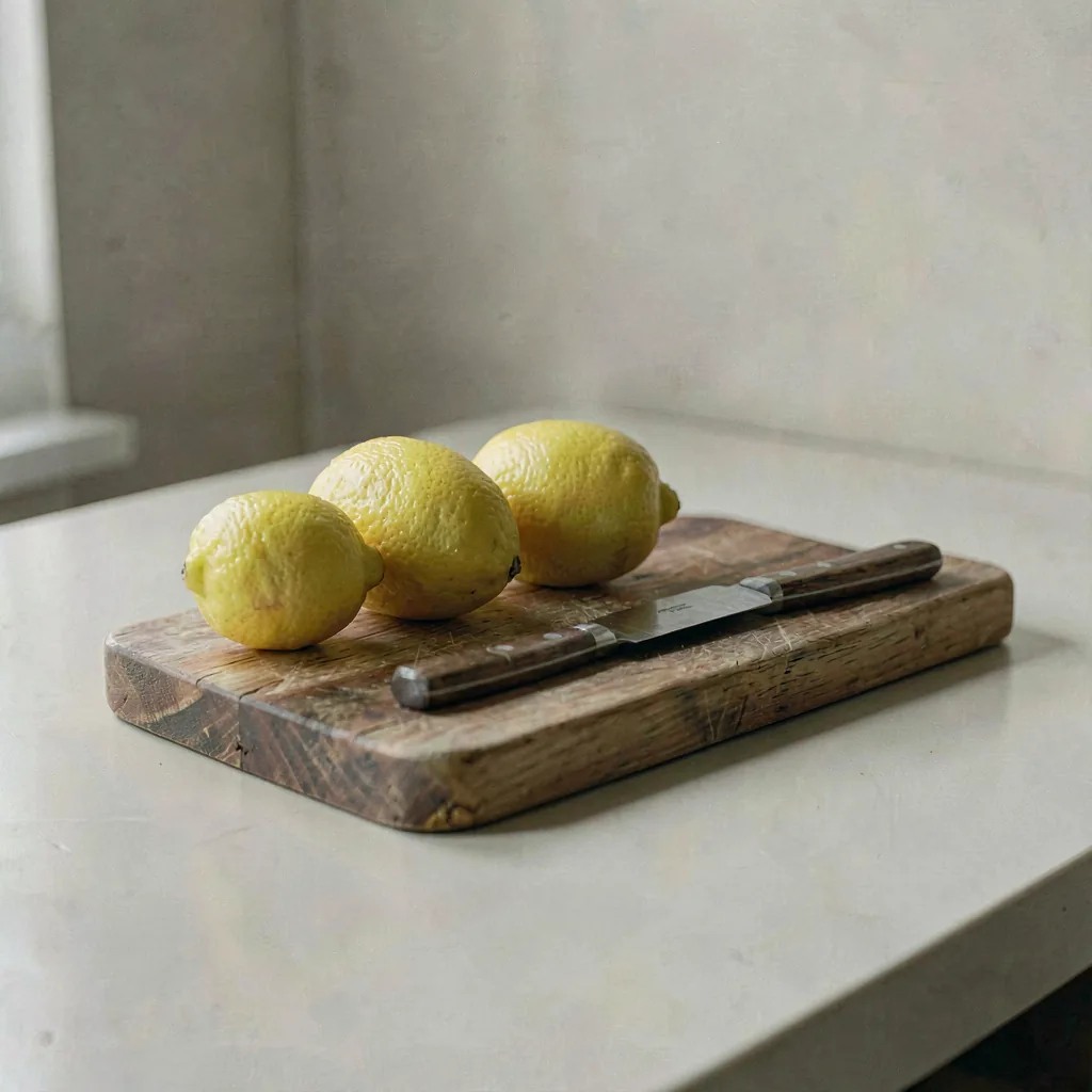 Lemons and a knife on a scrubbed wooden board