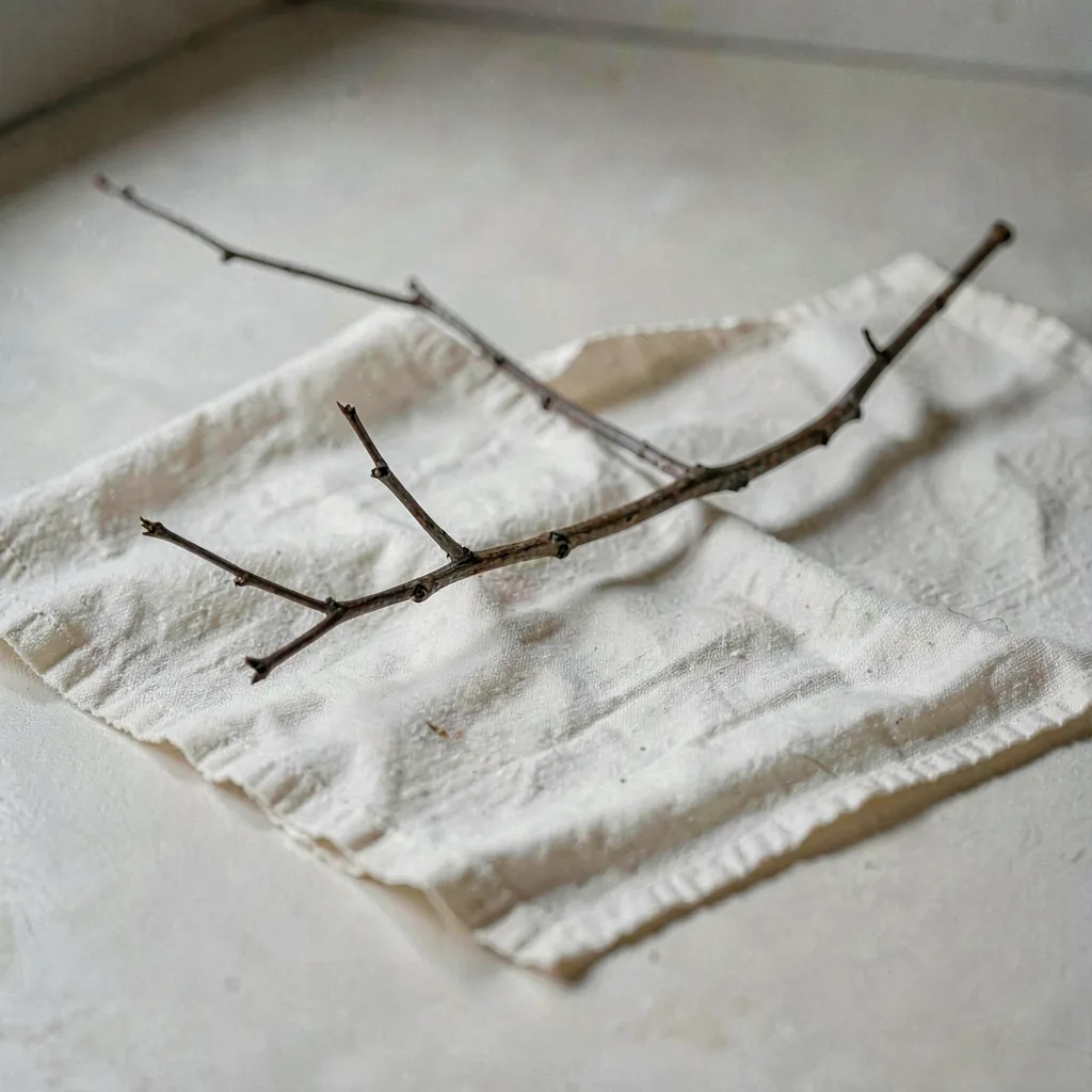 A bare branch laid on unbleached cotton