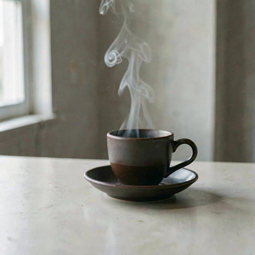 Steam rising from a dark cup on a saucer