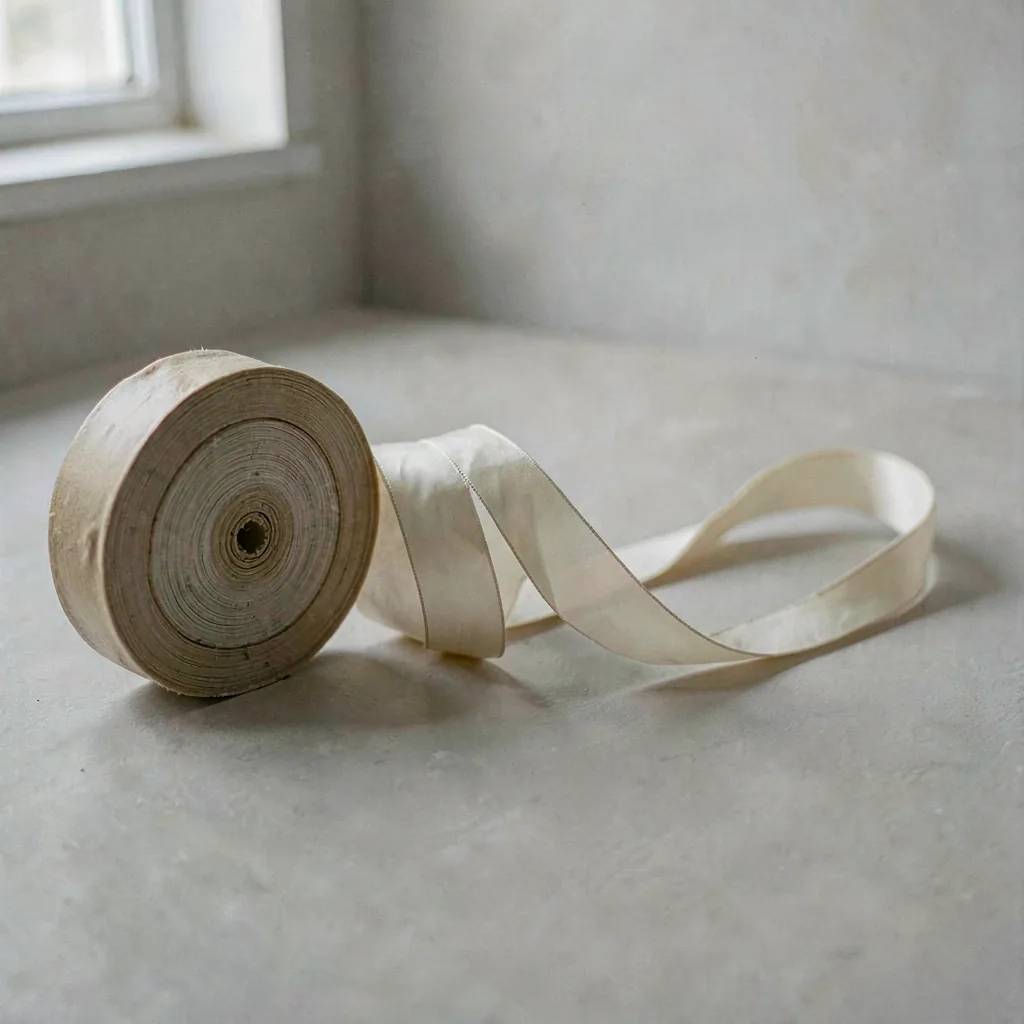 A length of ribbon uncoiling on the floor