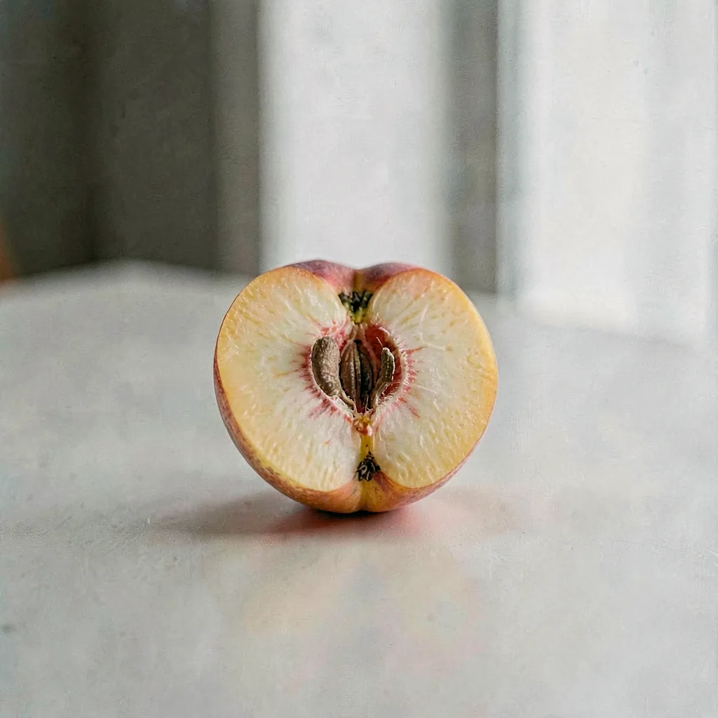 A peach cut in half, seed side up
