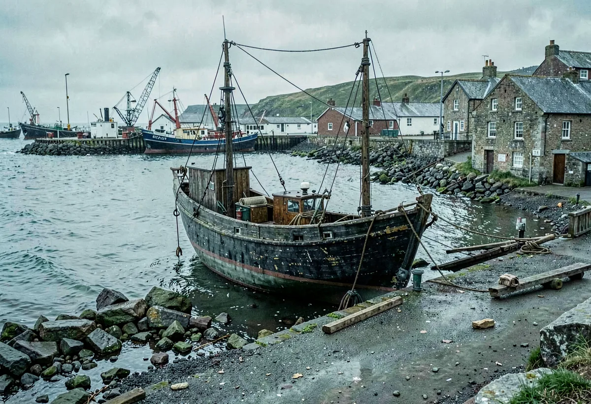 A timber fishing boat hauled out in a small working boatyard