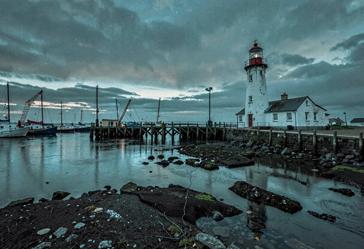 A whitewashed lighthouse tower against a bruised evening sky