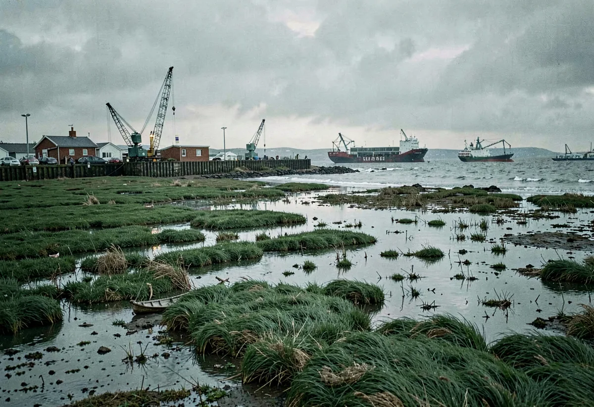A flooded saltmarsh under a low grey sky at first light