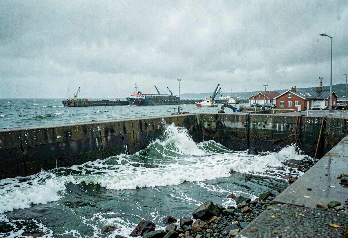 A breaking wave against a harbour wall in heavy weather