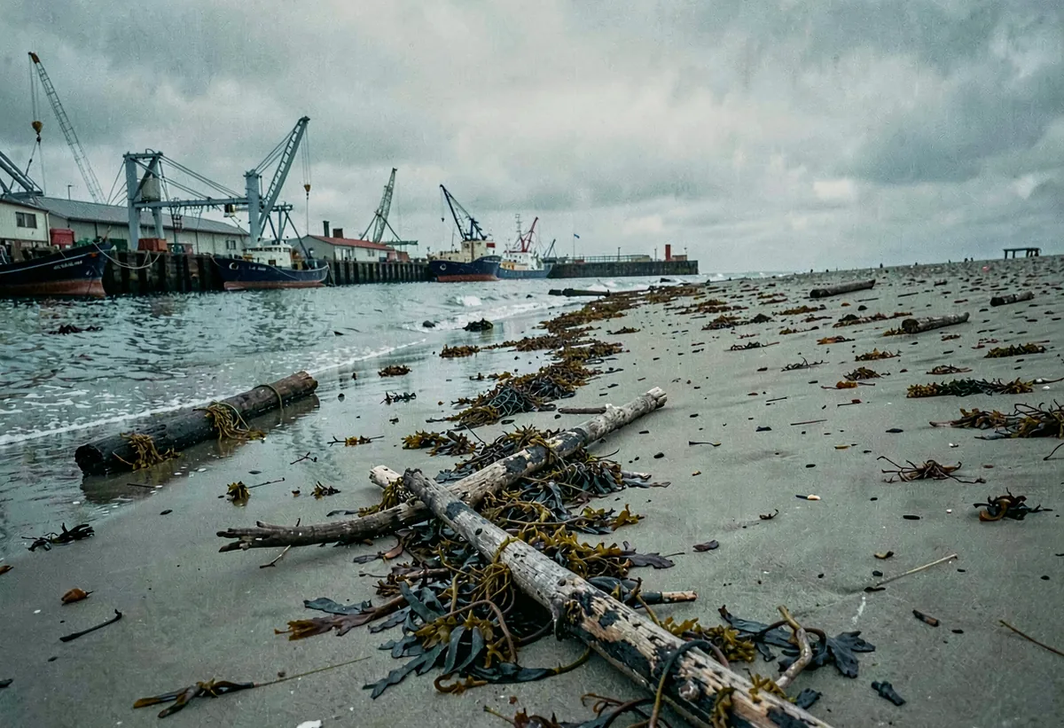 A line of seaweed and driftwood left along wet sand at low tide