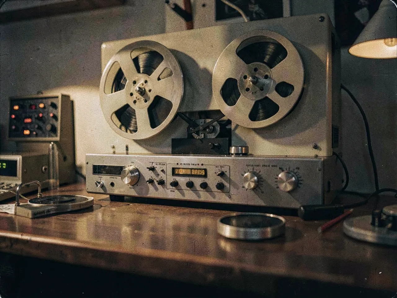 A reel-to-reel tape machine catching low light across a studio desk
