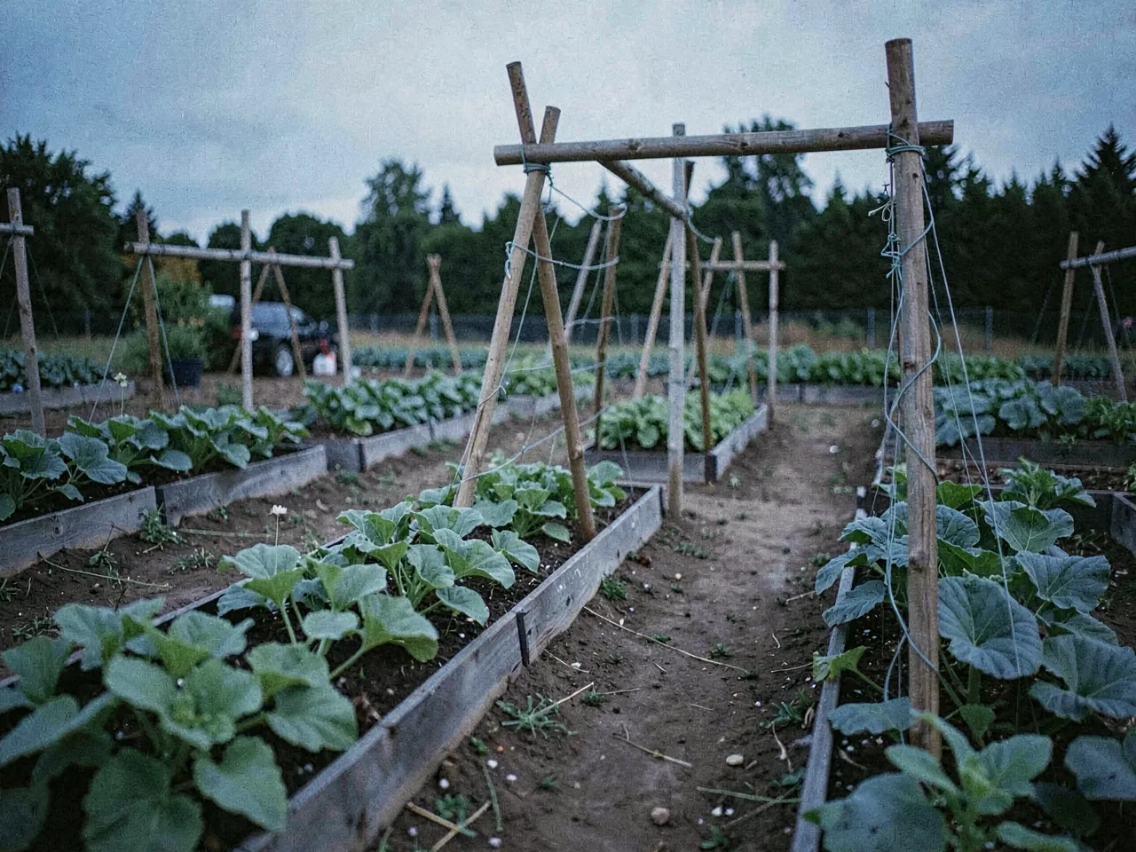 Raised vegetable beds and a bean trellis in a shared community garden at dusk