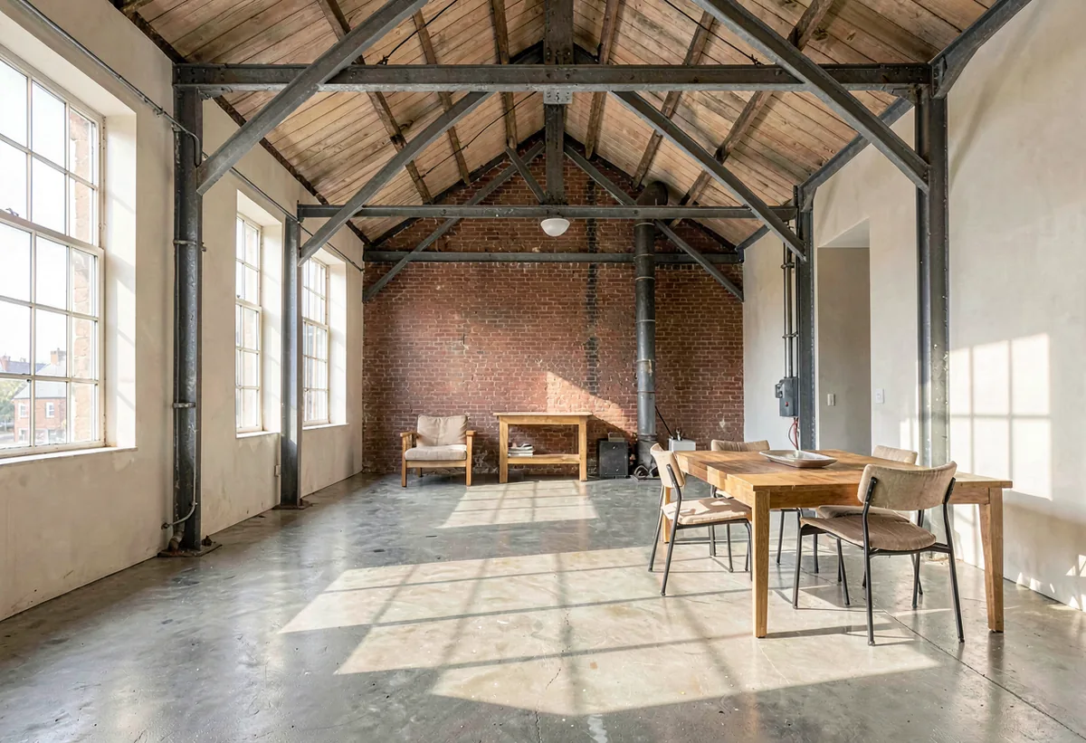 A converted foundry studio with exposed steel trusses