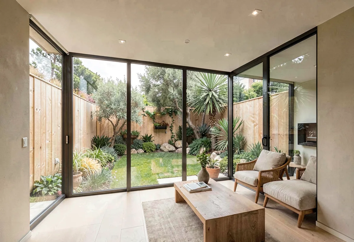 A glass-walled garden room photographed in flat morning light