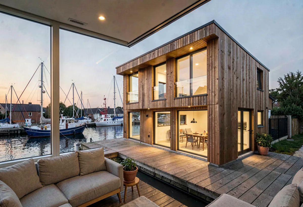 A timber-clad house above a working harbour at dusk