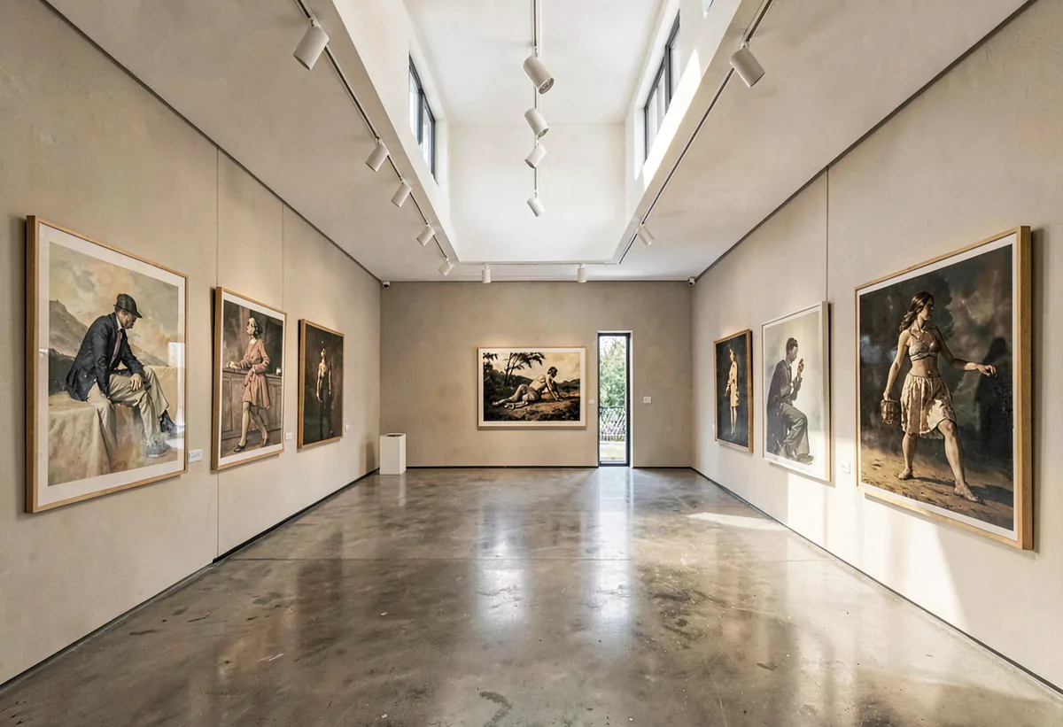 A long top-lit gallery room with a polished concrete floor
