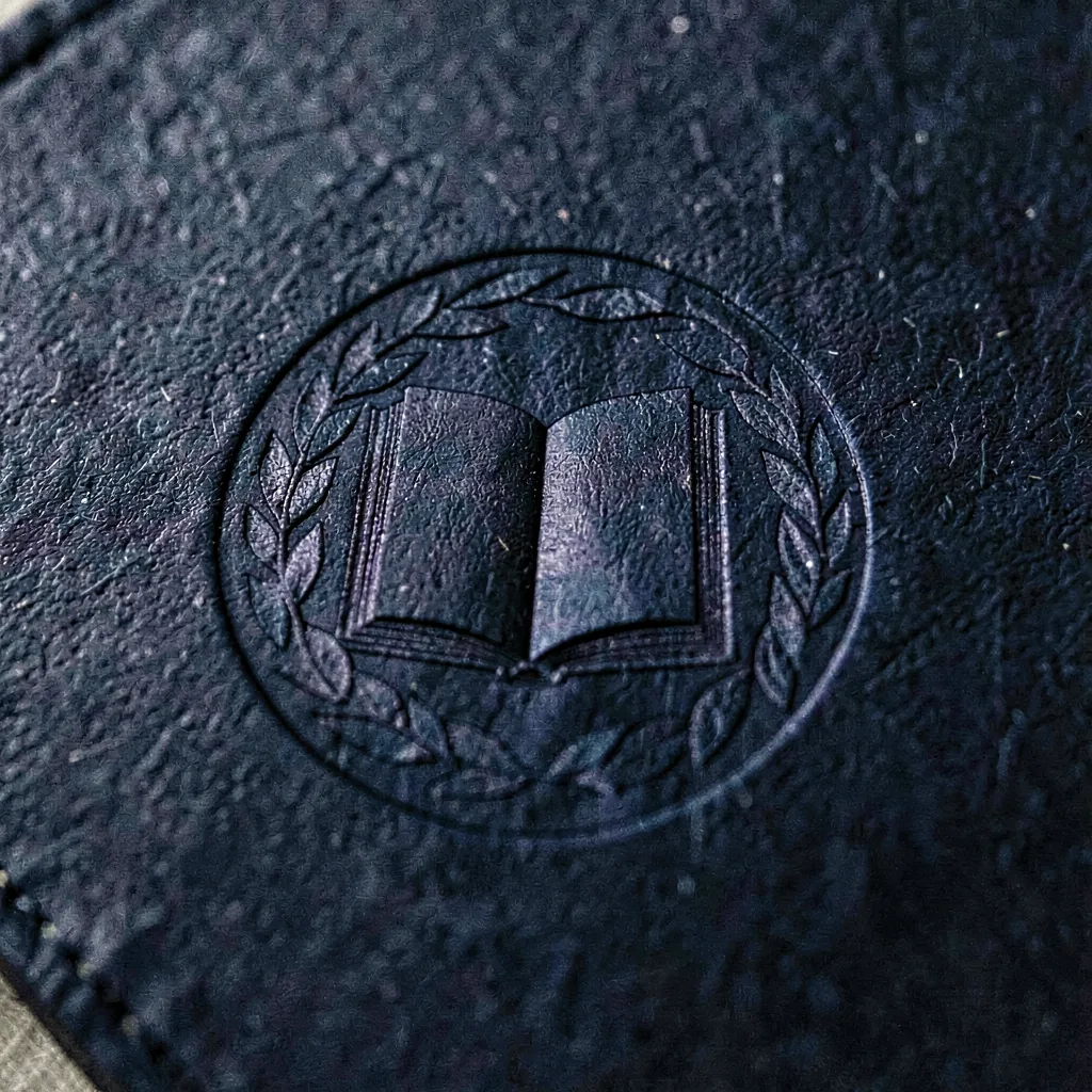 A debossed pressmark on dyed cloth, an open book ringed by a leaf border