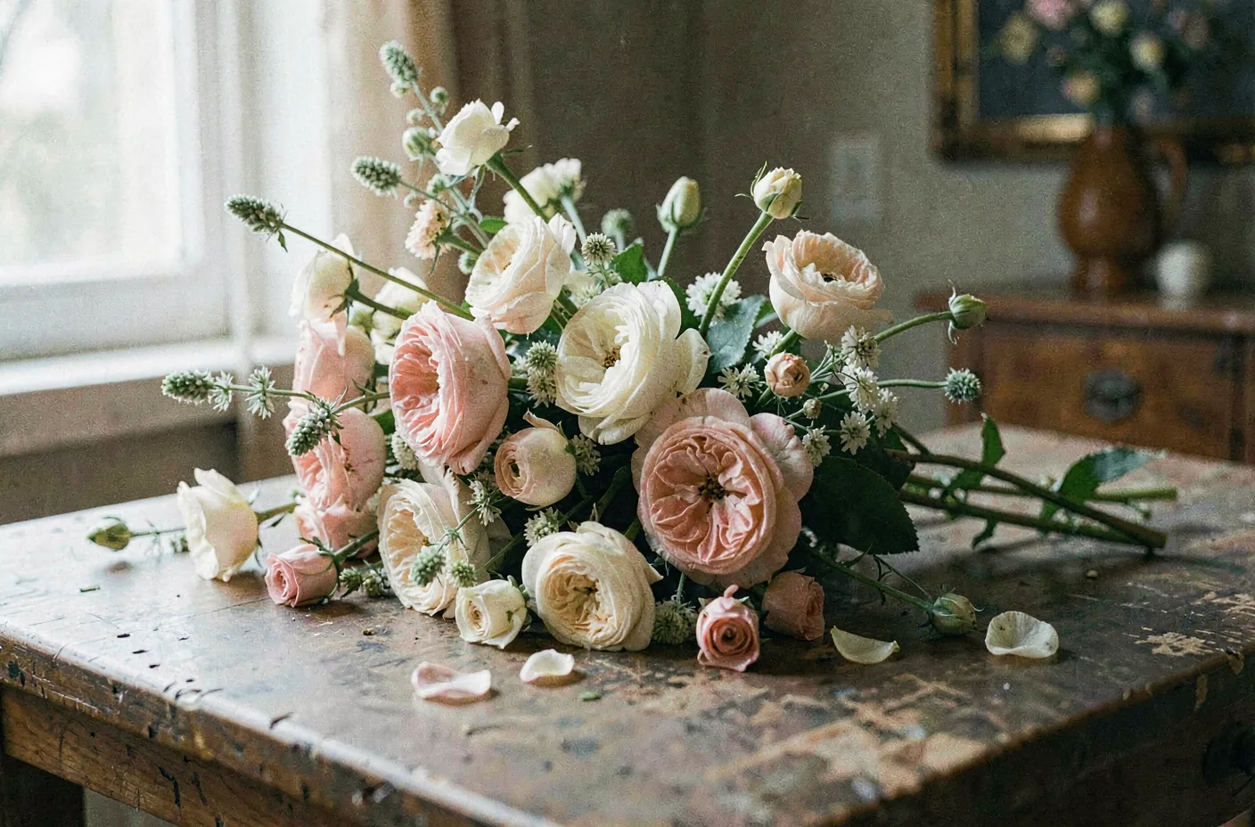 A loose seasonal bouquet of garden flowers on a worktable