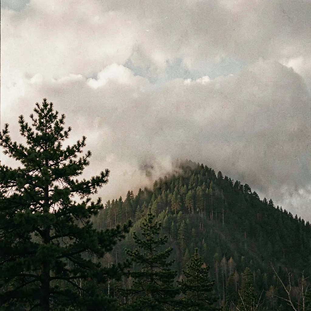 A pine ridge under low cloud