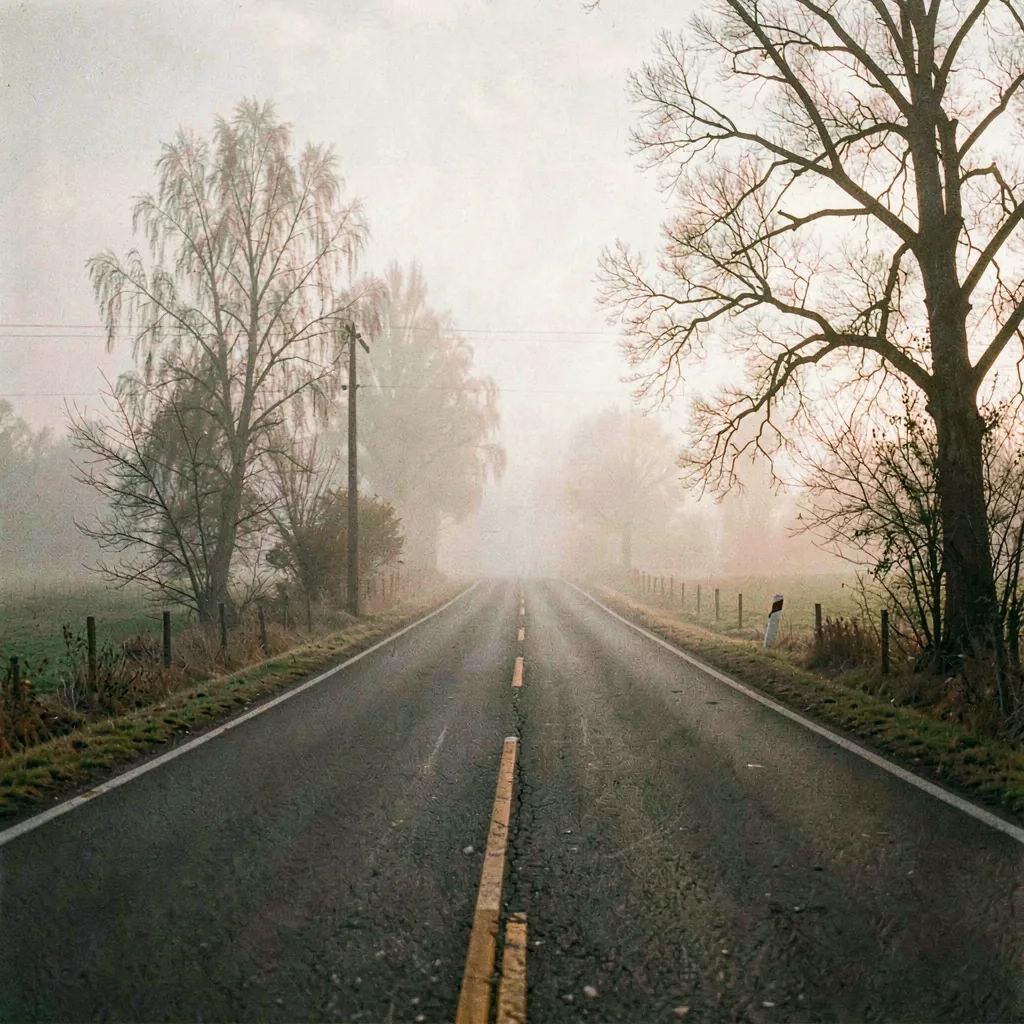 An empty road running into morning fog
