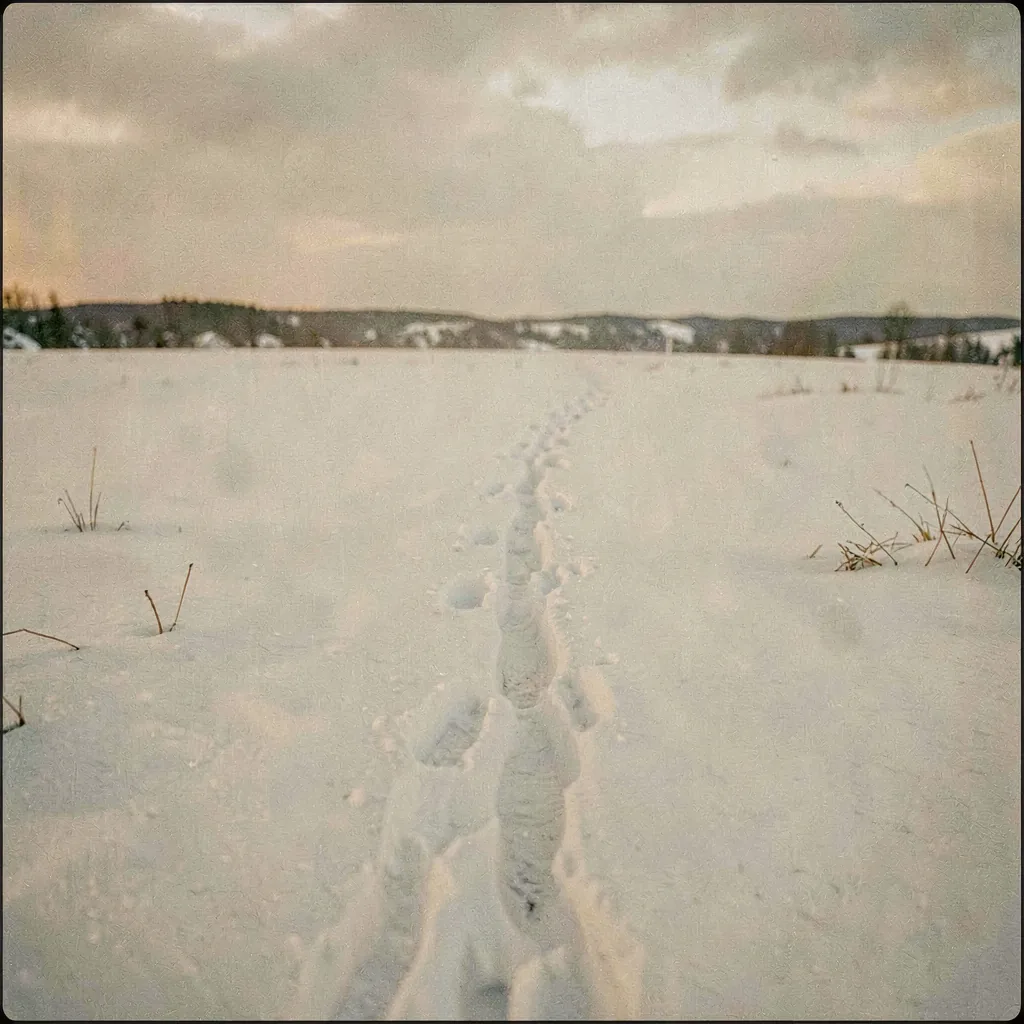A snowfield crossed by a single set of tracks