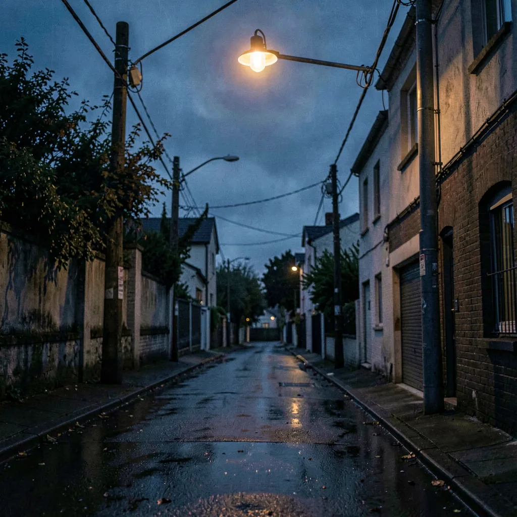 A wet street under a single sodium lamp
