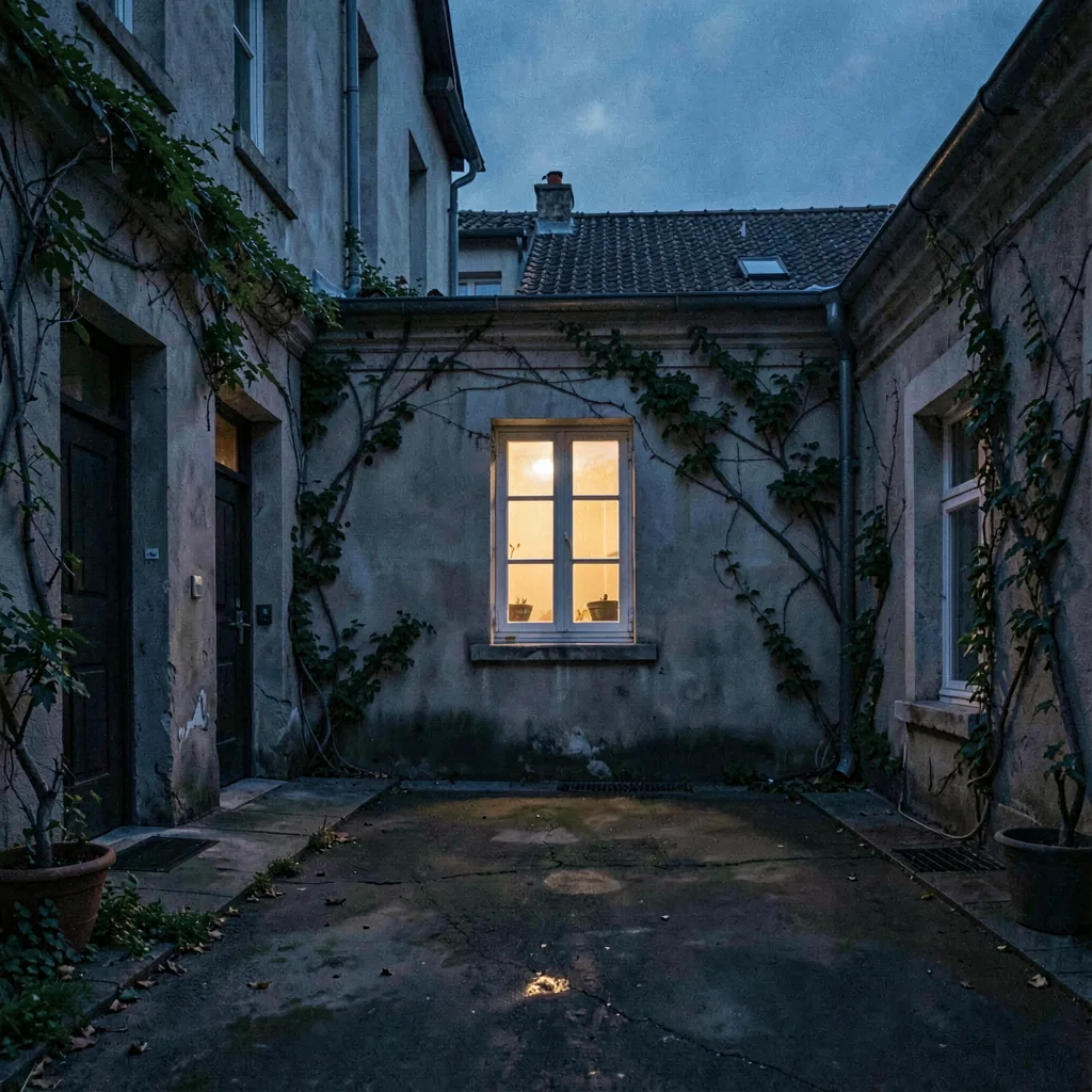 A lit window across an empty courtyard