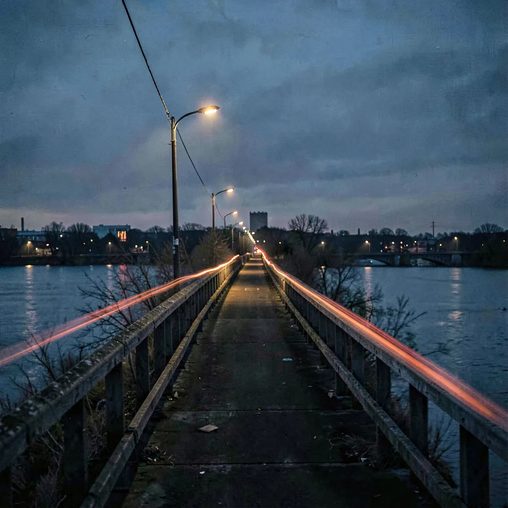 Headlights smeared long on a bridge