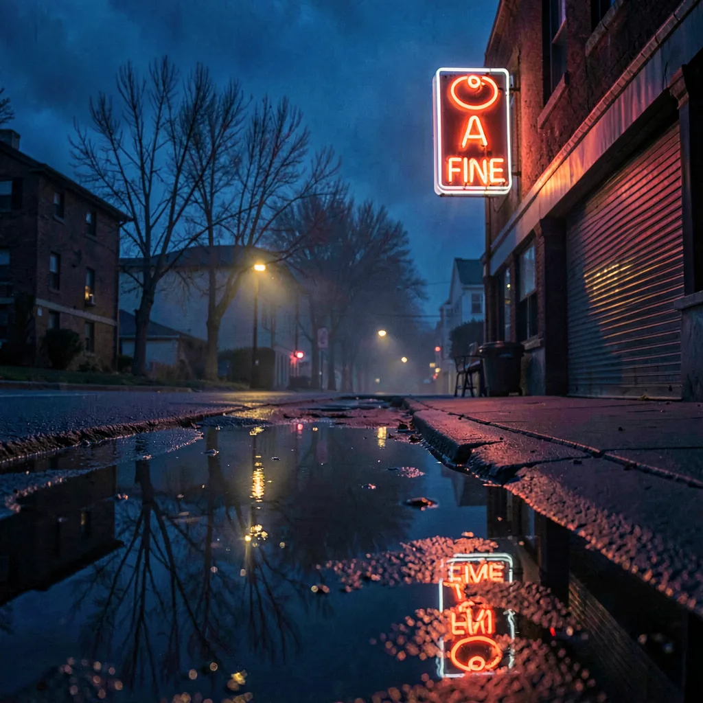 A neon sign reflected in a puddle