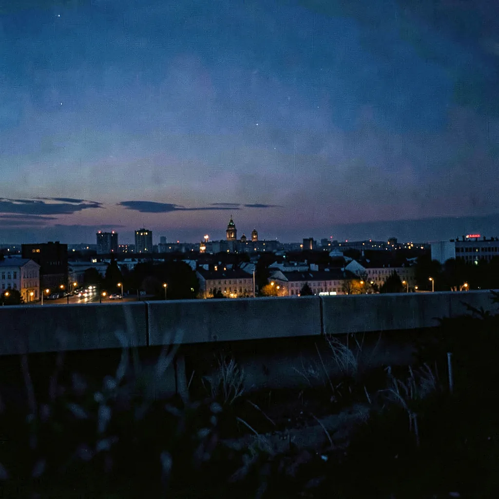 A skyline going blue just after sunset